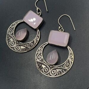 Sterling Silver Pink Chalcedony‎ Large Boho Bali Style Door Knocker Earrings